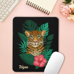 Pretty Jungle Leopard Floral Art | Black | Name Mouse Pad<br><div class="desc">This stunning mousepad features a hand drawn / painted leopard,  with tropical jungle leaves and a bright pink hibiscus flower over a custom color background (shown in black). Modern,  beautiful,  and colorful - makes a great gift! 
*Artwork / Illustration by Tracey Khalei / Orabella Prints</div>