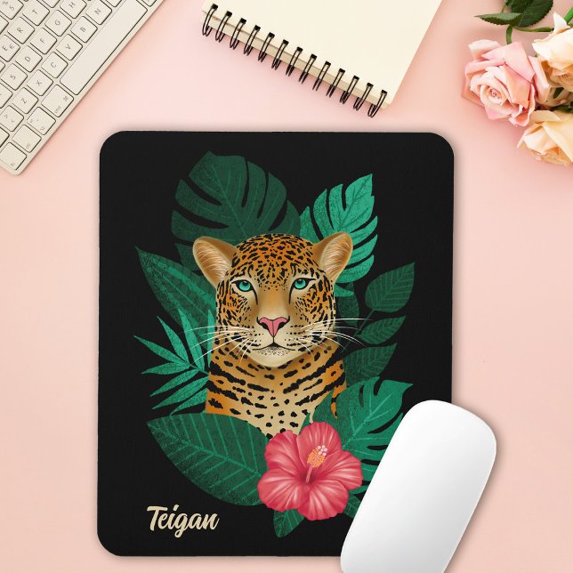 Pretty Jungle Leopard Floral Art | Black | Name Mouse Pad (Creator Uploaded)