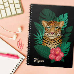 Pretty Jungle Leopard Floral Art | Black | Name Notebook