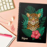 Pretty Jungle Leopard Floral Art | Black | Name Notebook at Zazzle