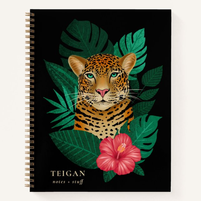 Pretty Jungle Leopard Floral Art | Black | Name Notebook (Front)