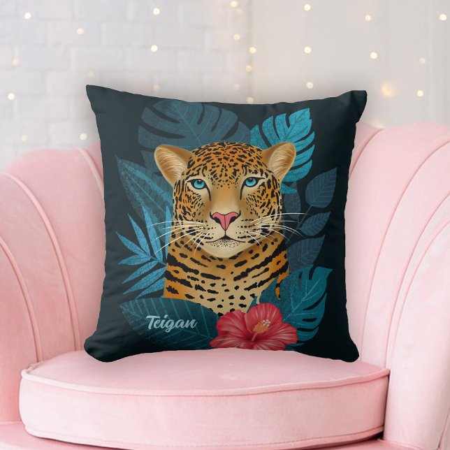 Pretty Jungle Leopard Floral Art | Black | Name Throw Pillow (Creator Uploaded)