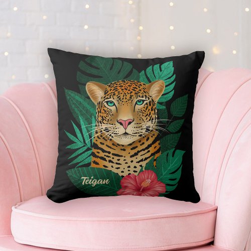 Pretty Jungle Leopard Floral Art  Black  Name Throw Pillow