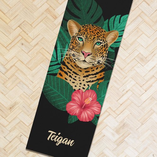 Pretty Jungle Leopard Floral Art  Black  Name Yoga Mat