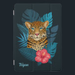 Pretty Jungle Leopard Floral Art | Blue | Name<br><div class="desc">This stunning ipad cover features a hand drawn / painted leopard, with tropical jungle leaves in shades of blue, as well as a bright pink hibiscus flower, over a custom color background (shown in navy blue). A text template is included for easy personalization. Modern, beautiful, and unique - makes a...</div>