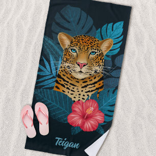 Pretty Jungle Leopard Floral Art   Blue   Name Beach Towel