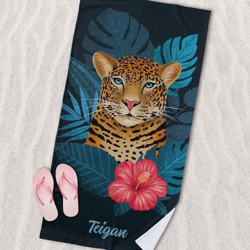 Pretty Jungle Leopard Floral Art  Blue  Name Beach Towel