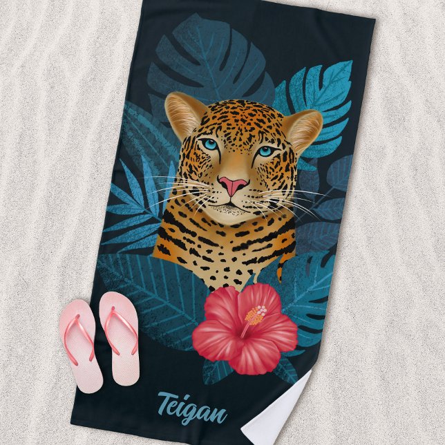 Pretty Jungle Leopard Floral Art | Blue | Name Beach Towel (Creator Uploaded)