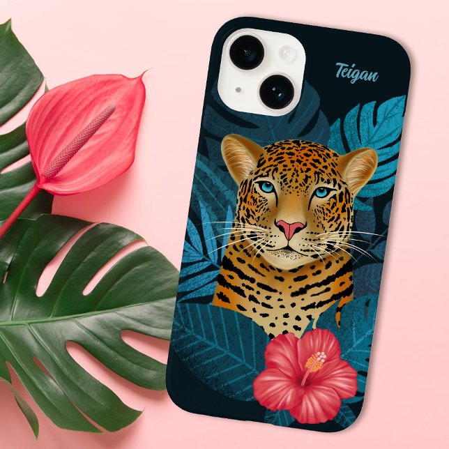 Pretty Jungle Leopard Floral Art | Blue | Name Case-Mate iPhone Case (Creator Uploaded)