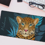 Pretty Jungle Leopard Floral Art | Blue | Name Desk Mat<br><div class="desc">This stunning desk mat features a hand drawn / painted leopard, with tropical jungle leaves in shades of blue over a custom color background (shown in dark navy blue). A text template is included for easy personalization. Modern, beautiful, and unique - makes a great gift! *Artwork / Illustration by Tracey...</div>