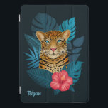 Pretty Jungle Leopard Floral Art | Blue | Name iPad Pro Cover<br><div class="desc">This stunning ipad cover features a hand drawn / painted leopard, with tropical jungle leaves in shades of blue, as well as a bright pink hibiscus flower, over a custom color background (shown in navy blue). A text template is included for easy personalization. Modern, beautiful, and unique - makes a...</div>