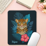 Pretty Jungle Leopard Floral Art | Blue | Name Mouse Pad<br><div class="desc">This stunning mousepad features a hand drawn / painted leopard, with tropical jungle leaves in shades of blue, as well as a bright pink hibiscus flower, over a custom color background (shown in dark navy blue). A text template is included for easy personalization. Modern, beautiful, and colorful - makes a...</div>