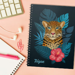 Pretty Jungle Leopard Floral Art | Blue | Name Notebook