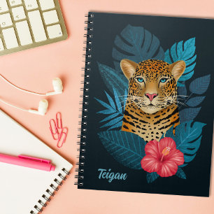 Pretty Jungle Leopard Floral Art   Blue   Name Notebook
