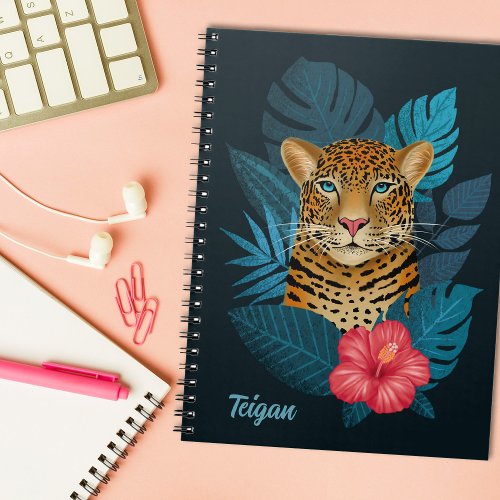 Pretty Jungle Leopard Floral Art  Blue  Name Notebook