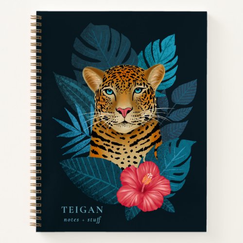 Pretty Jungle Leopard Floral Art  Blue  Name Notebook