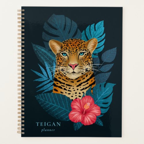 Pretty Jungle Leopard Floral Art  Blue  Name Planner