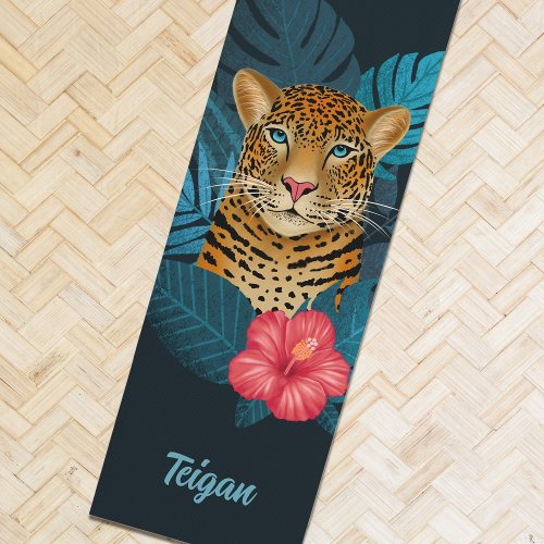 Pretty Jungle Leopard Floral Art  Blue  Name Yoga Mat