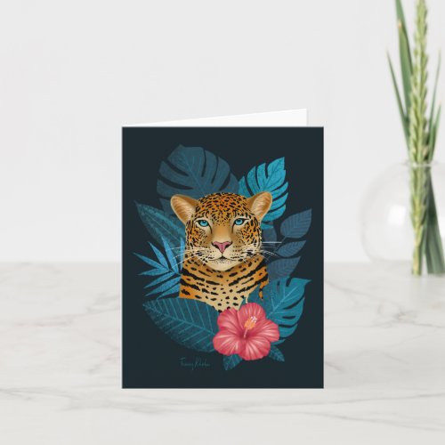 Pretty Jungle Leopard Floral Art  Blue Note Card