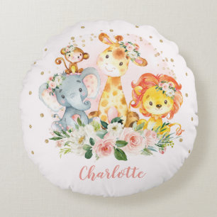 Pretty Jungle Safari Animals Baby Girl Nursery Round Pillow