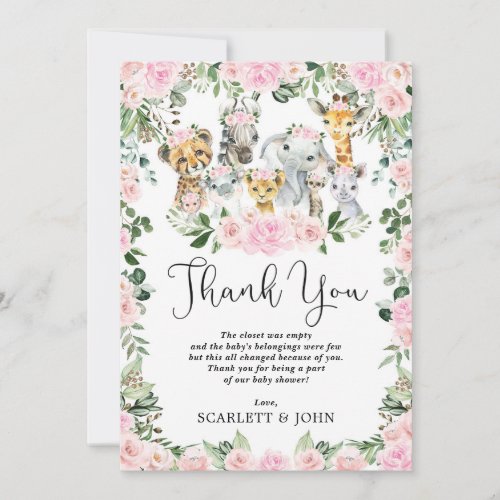 Pretty Jungle Wild Animals Pink Floral Baby Girl Thank You Card