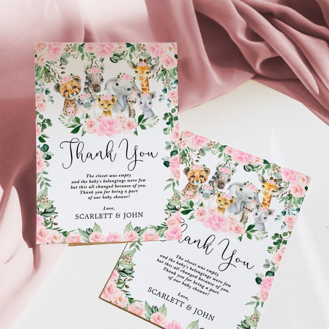 Pretty Jungle Wild Animals Pink Floral Baby Girl Thank You Card (Creator Uploaded)