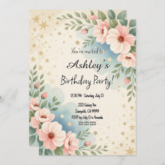 Pretty Kids Space Flower Themed Birthday Party Invitation