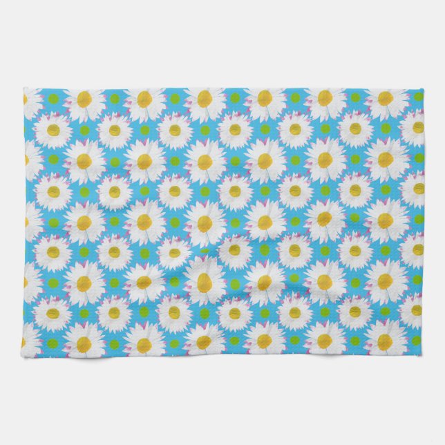Pretty Kitchen Towel: Daisies, Polkas on Turquoise Towel (Horizontal)