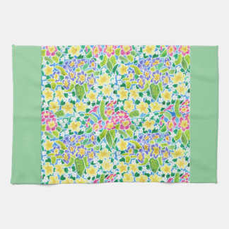Pretty Kitchen Towel, Spring Primroses, Mint Green Towel