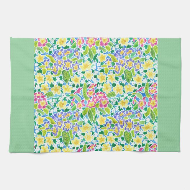 Pretty Kitchen Towel, Spring Primroses, Mint Green Towel (Horizontal)