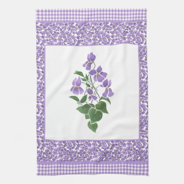 Pretty Kitchen Towel, Violets and Check Gingham Towel (Vertical)