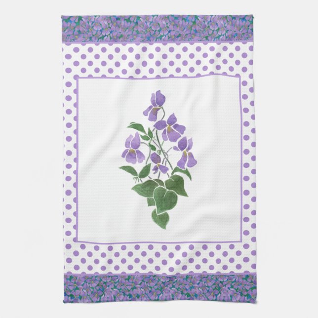 Pretty Kitchen Towel, Violets and Polka Dots Towel (Vertical)