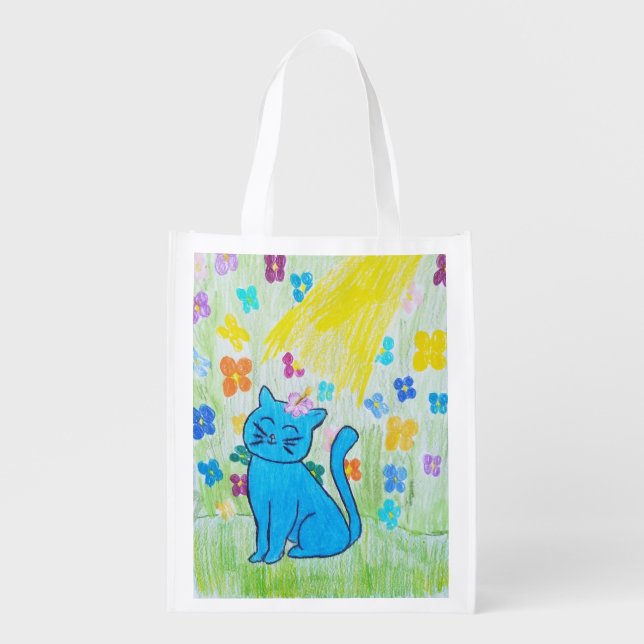 Pretty Kitten in the sun with flowers grocery bag (Front)
