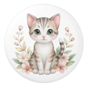 Pretty Kitty and Pastel Flowers Ceramic Knob