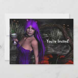 Pretty Kitty and Pumpkin Halloween Invitation