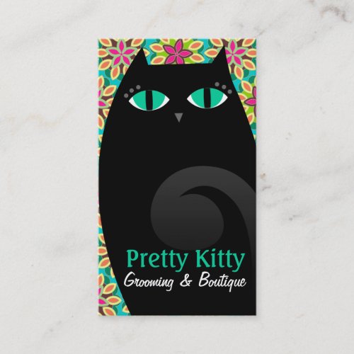 Pretty Kitty Black &amp; Floral Business Card Template