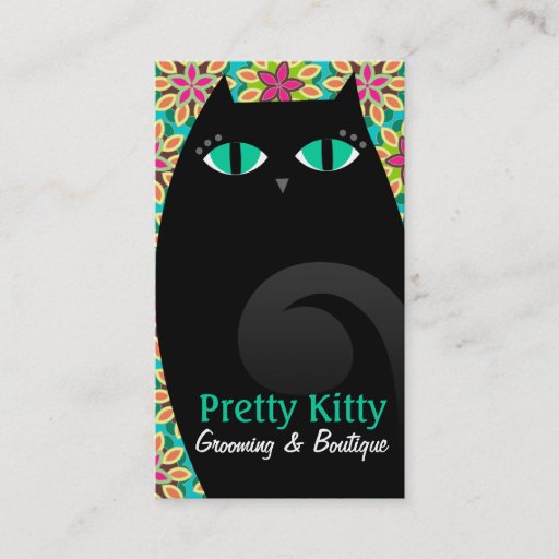 Customizable Pretty Kitty Black &amp; Floral Business Card Template