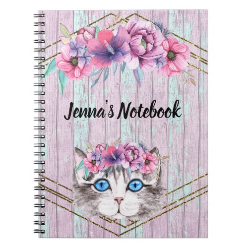 Pretty Kitty Face on a Faux Wood Pink Background Notebook