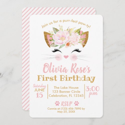 PRETTY KITTY Girl Cat Birthday Invitation