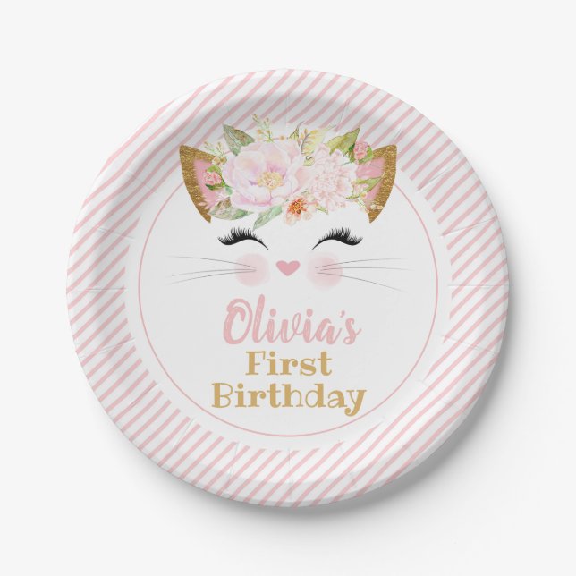 PRETTY KITTY Girl's Cat Birthday Paper Plates (Front)