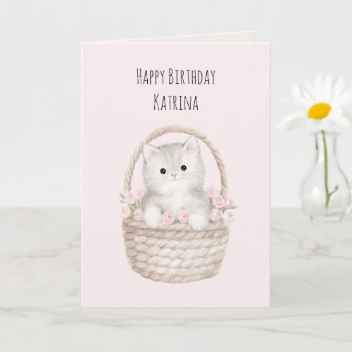 Pretty Kitty in a Basket Blush Pink Roses Birthday Card