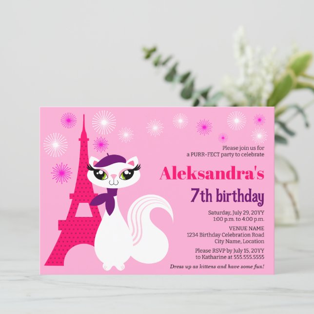 Pretty Kitty Paris Pink Birthday Invitation (Standing Front)