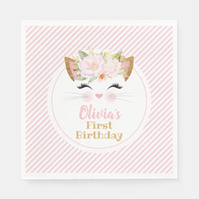 PRETTY KITTY Pink & Gold Girl Birthday Napkins (Front)