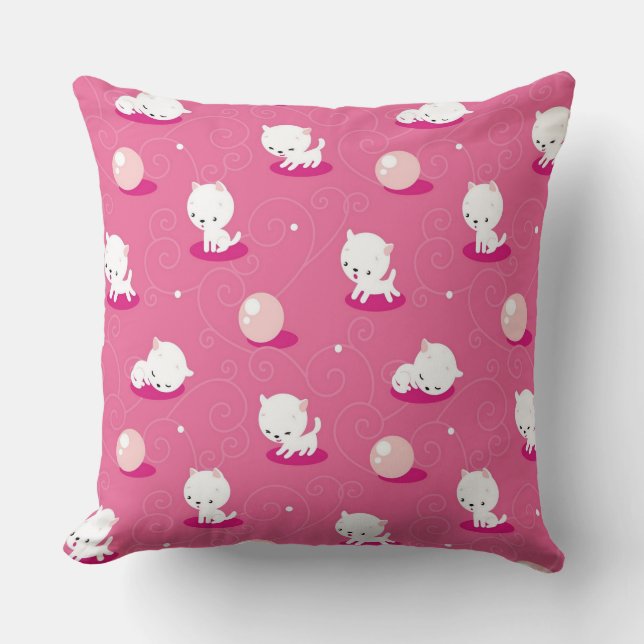 Pretty Kitty Pink Kittens Pattern Throw Pillow (Front)