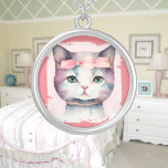 Pretty Kitty With Pink Bow  Silver Plated Necklace<br><div class="desc">A pretty kitty face with a pink bow. Digitally created in a watercolor style. Perfect for babies,  kids and adults on many trendy products! Customize your background color or text!</div>