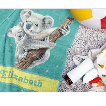 Pretty Koala Bear Purple Pretty Animal Name Kids B Beach Towel by TheShirtBox at Zazzle