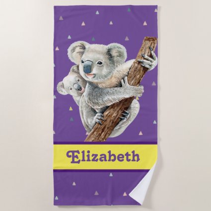 Pretty Koala Bear Purple Pretty Animal Name Kids Beach Towel