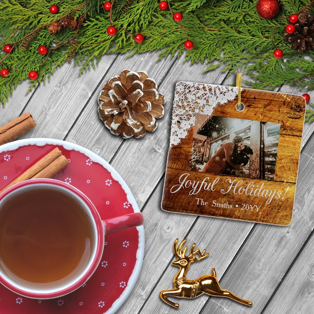 Pretty Lace And Rustic Cabin Wood Look Photo Xmas Ceramic Ornament (Creator Uploaded)