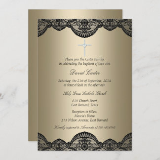 Pretty Lace Cross Gold Baptism Invite