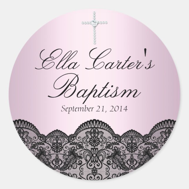 Pretty Lace & Cross Pink Baptism Sticker (Front)